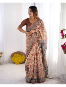 ALMAARI FASHION - Women Peach Cotton Linen Kalamkari Printed Saree With Unstitched Blouse