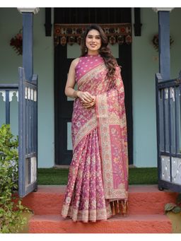 ALMAARI FASHION - Women Pink Cotton Linen Kalamkari Printed Saree With Unstitched Blouse