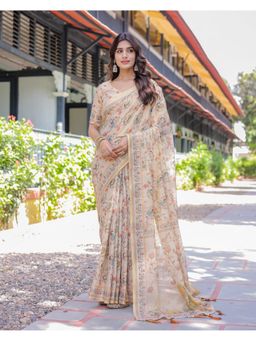 ALMAARI FASHION - Women Ivory Cotton Kalamkari Printed Saree With Unstitched Blouse