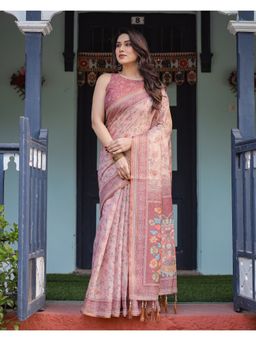 ALMAARI FASHION - Women Peach Cotton Linen Kalamkari Printed Saree With Unstitched Blouse