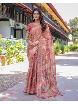 ALMAARI FASHION - Women Rust Cotton Kalamkari Printed Saree With Unstitched Blouse
