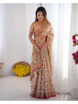 ALMAARI FASHION - Women Off White Cotton Linen Kalamkari Printed Tassel Saree With Unstitched Blouse