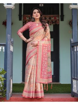 ALMAARI FASHION - Women Pink Cotton Linen Kalamkari Printed Saree With Unstitched Blouse