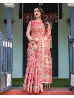 ALMAARI FASHION - Women Red Cotton Linen Kalamkari Printed Saree With Unstitched Blouse