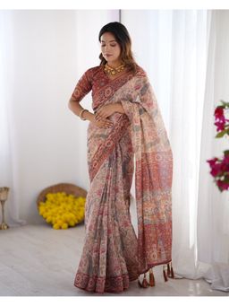 ALMAARI FASHION - Women Cream Cotton Linen Kalamkari Printed Saree With Unstitched Blouse