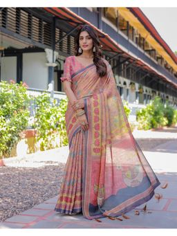 ALMAARI FASHION - Women Pink Cotton Kalamkari Printed Tassel Saree With Unstitched Blouse