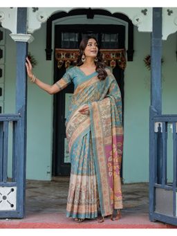 ALMAARI FASHION - Women Teal Cotton Linen Kalamkari Printed Saree With Unstitched Blouse
