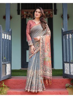 ALMAARI FASHION - Women Grey Cotton Linen Woven Saree With Unstitched Blouse