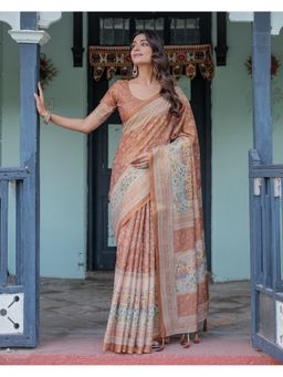 ALMAARI FASHION - Women Brown Cotton Linen Kalamkari Printed Saree With Unstitched Blouse