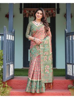 ALMAARI FASHION - Women Green Cotton Linen Kalamkari Printed Saree With Unstitched Blouse