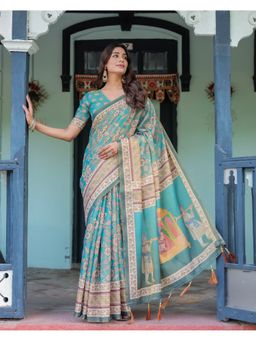 ALMAARI FASHION - Women Teal Cotton Linen Kalamkari Printed Saree With Unstitched Blouse