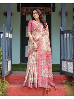 ALMAARI FASHION - Women Pink Cotton Linen Kalamkari Printed Saree With Unstitched Blouse