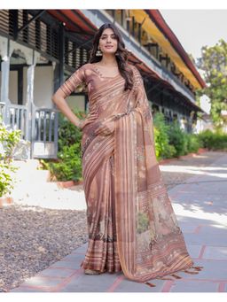ALMAARI FASHION - Women Brown Cotton Kalamkari Printed Tassel Saree With Unstitched Blouse