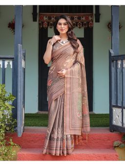 ALMAARI FASHION - Women Brown Cotton Linen Woven Saree With Unstitched Blouse
