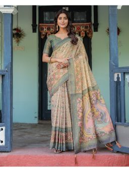 ALMAARI FASHION - Beige Cotton Linen Kalamkari Printed Tassel Saree With Unstitched Blouse