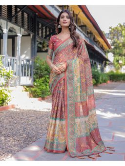 ALMAARI FASHION - Women Rust Cotton Kalamkari Printed Tassel Saree With Unstitched Blouse