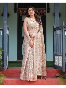 ALMAARI FASHION - Women Off White Cotton Linen Kalamkari Printed Saree With Unstitched Blouse