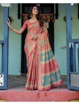 ALMAARI FASHION - Women Pink Cotton Linen Kalamkari Printed Tassel Saree With Unstitched Blouse