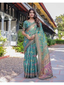 ALMAARI FASHION - Women Teal Cotton Kalamkari Printed Tassel Saree With Unstitched Blouse