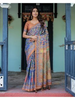 ALMAARI FASHION - Women Blue Cotton Linen Kalamkari Printed Tassel Saree With Unstitched Blouse