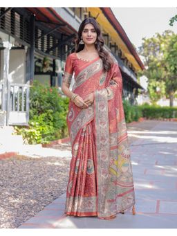 ALMAARI FASHION - Women Rust Cotton Kalamkari Printed Saree With Unstitched Blouse