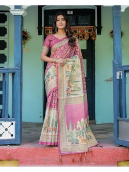 ALMAARI FASHION - Pink Women Cotton Linen Kalamkari Printed Saree With Unstitched Blouse