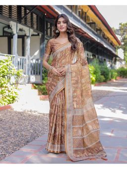 ALMAARI FASHION - Women Brown Cotton Kalamkari Saree With Unstitched Blouse