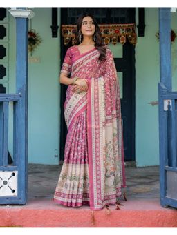 ALMAARI FASHION - Pink Women Cotton Linen Kalamkari Printed Saree With Unstitched Blouse