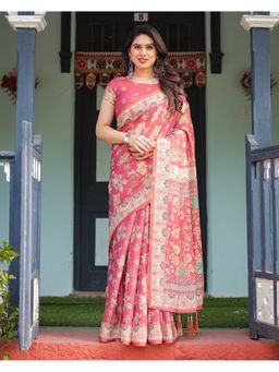 ALMAARI FASHION - Women Pink Cotton Linen Kalamkari Printed Tassel Saree With Unstitched Blouse