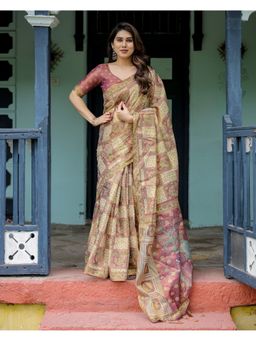 ALMAARI FASHION - Women Olive Cotton Kalamkari Printed Tassel Saree With Unstitched Blouse