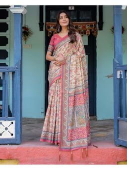 ALMAARI FASHION - Women Ivory Cotton Linen Kalamkari Printed Saree With Unstitched Blouse