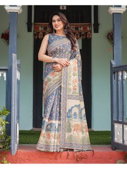 ALMAARI FASHION - Women Blue Cotton Linen Kalamkari Printed Saree With Unstitched Blouse