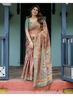 ALMAARI FASHION - Brown Cotton Kalamkari Printed Saree With Unstitched Blouse