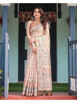 ALMAARI FASHION - Off White Cotton Linen Kalamkari Printed Saree With Unstitched Blouse