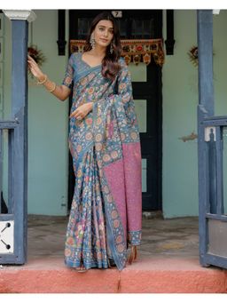 ALMAARI FASHION - Women Blue Cotton Linen Kalamkari Printed Tassel Saree With Unstitched Blouse