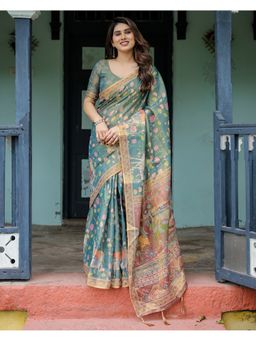 ALMAARI FASHION - Women Green Cotton Kalamkari Printed Saree With Unstitched Blouse