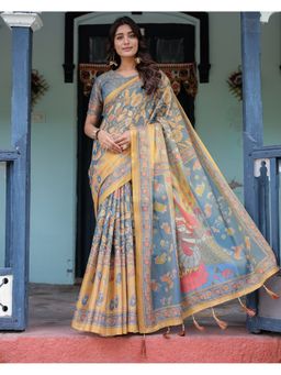 ALMAARI FASHION - Women Blue Cotton Linen Woven Saree With Unstitched Blouse