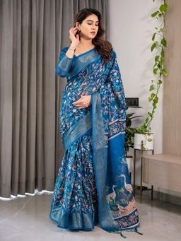 ALMAARI FASHION - Women Blue Linen Woven Saree With Unstitched Blouse