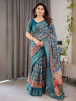 ALMAARI FASHION - Women Teal Linen Woven Saree With Unstitched Blouse