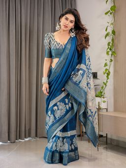 ALMAARI FASHION - Women Blue Linen Woven Saree With Unstitched Blouse