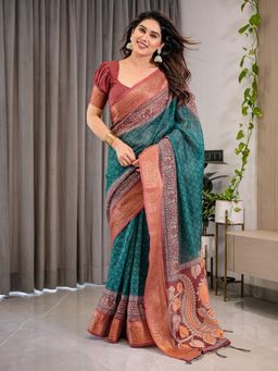 ALMAARI FASHION - Women Green Linen Woven Saree With Unstitched Blouse