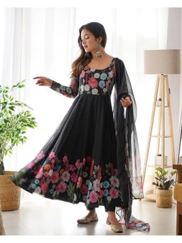 FAST FASHIONS - Women Black Organza Silk Floral Anarkali Kurta with Pant and Dupatta
