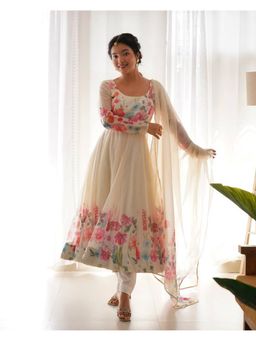 FAST FASHIONS - Women Cream Organza Silk Floral Anarkali Kurta with Pant and Dupatta