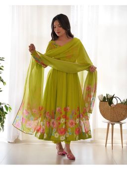 FAST FASHIONS - Women Green Organza Silk Floral Anarkali Kurta with Pant and Dupatta