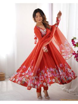 FAST FASHIONS - Women Orange Organza Silk Floral Anarkali Kurta with Pant and Dupatta