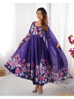 FAST FASHIONS - Women Purple Organza Silk Floral Anarkali Kurta with Pant and Dupatta
