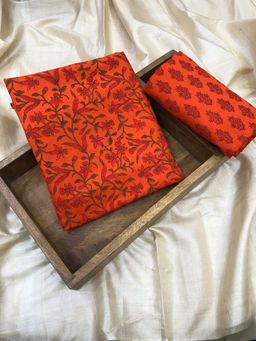 Palash - Women Orange Floral Printed Unstitched Kurta With Pant