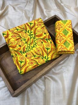Palash - Women Yellow Block Printed Unstitched Kurta With Pant