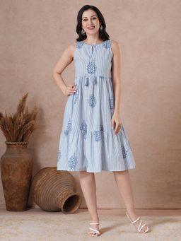 Kami Kubi - Women Blue Woven Striped Cotton Sleeveless A-Line Dress