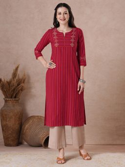 Kami Kubi - Women Red Cotton Stripes Kurta